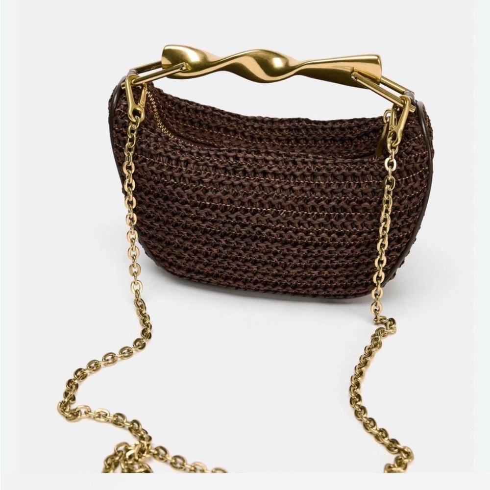 Zara Dark Brown Woven Crossbody Bag with Gold Accents